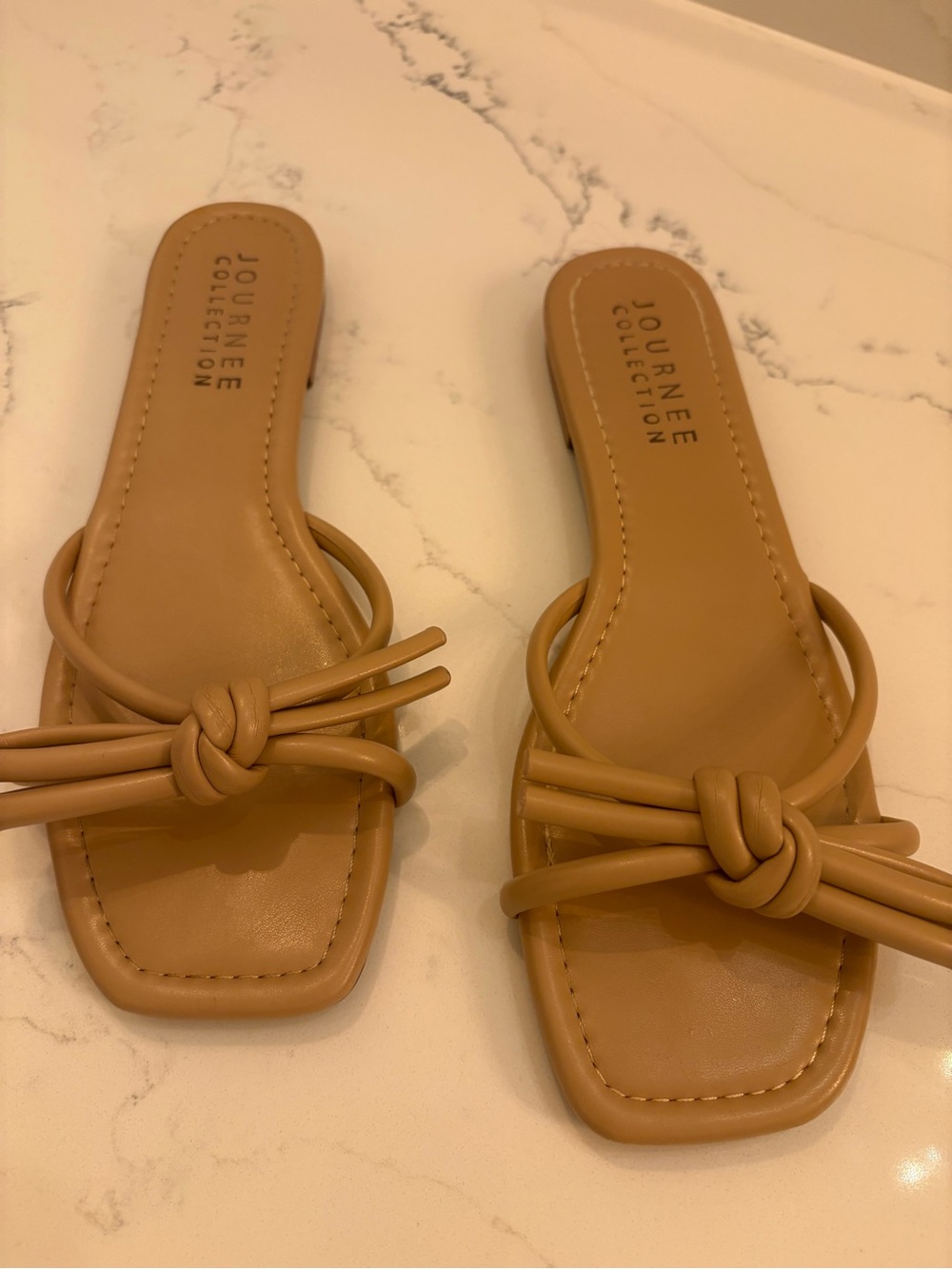 Journee Collection Tan Knot Slide Sandals with Square Toe
